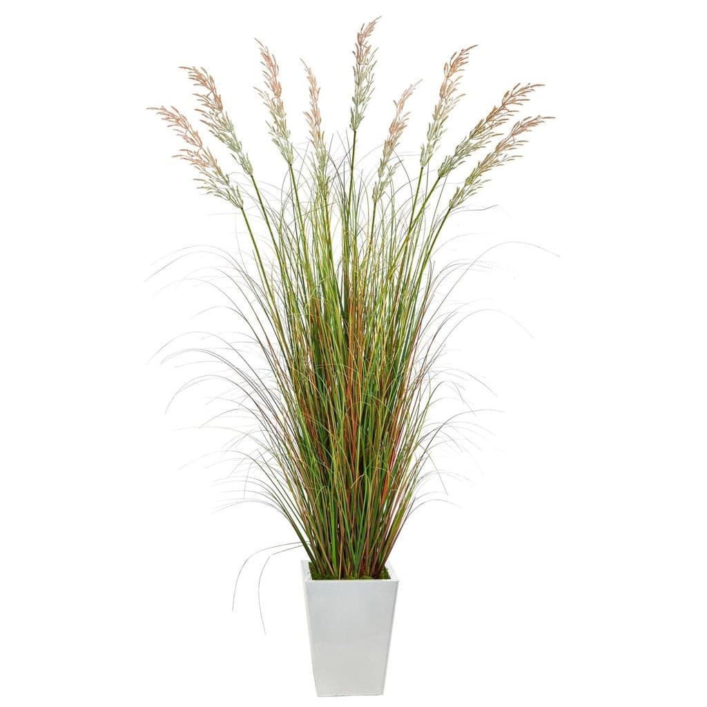 74” Grass Artificial Plant in White Metal Planter | Rental