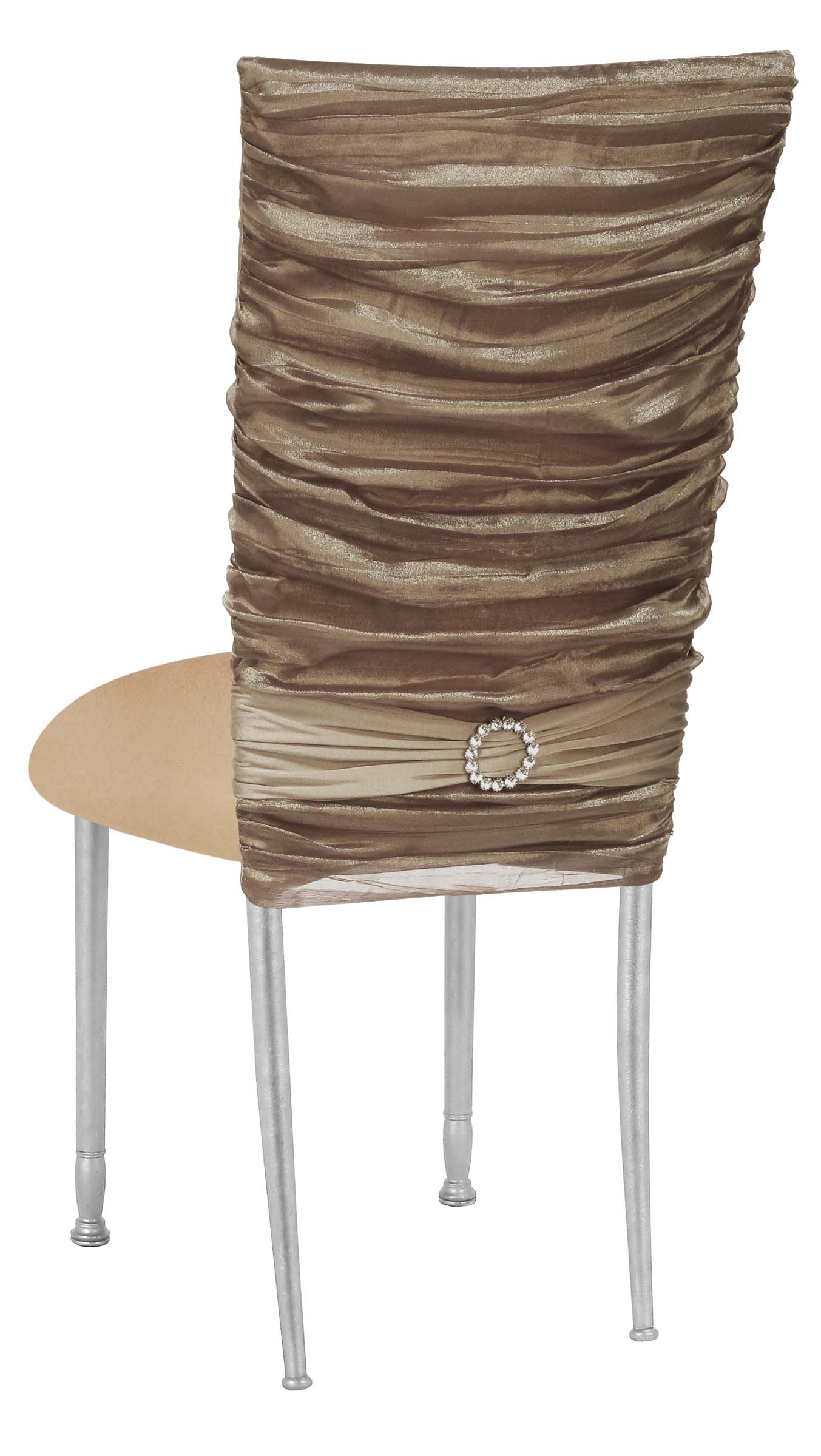 Beige Demure Cover with Jeweled Band and Beige Stretch Knit Cushion on Silver Legs – Chameleon Chair Collection | Rental