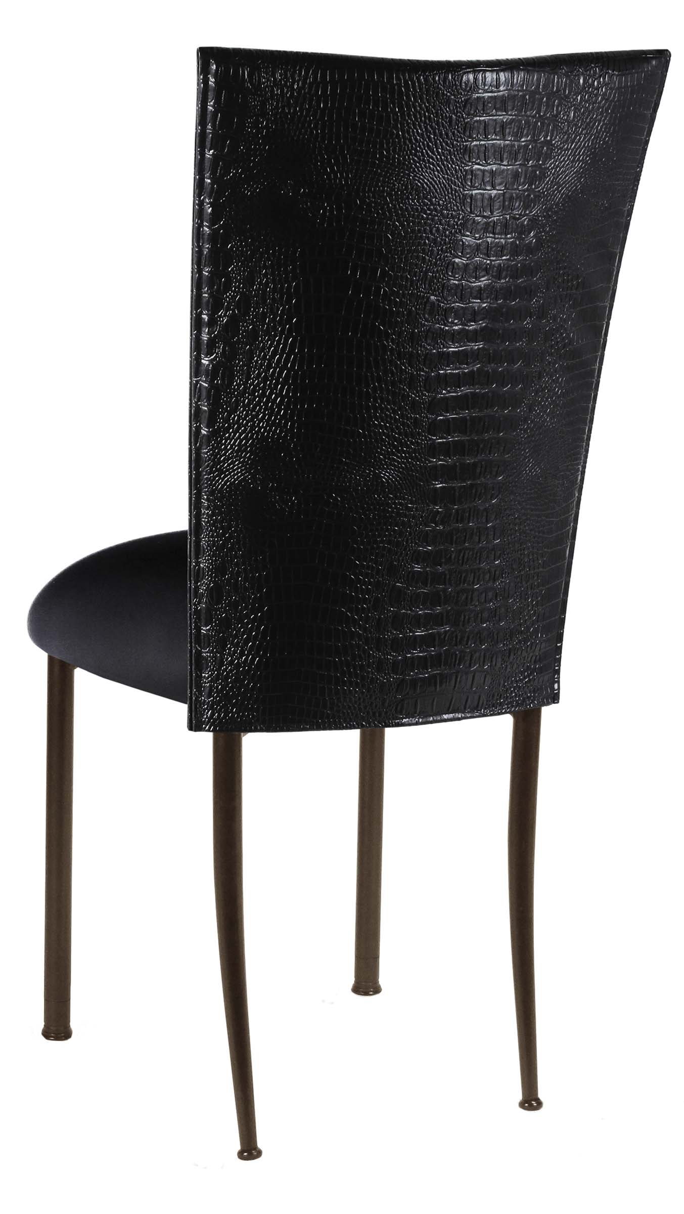 Black Croc Chair Cover with Black Stretch Knit Cushion on Brown Legs – Chameleon Chair Collection | Rental