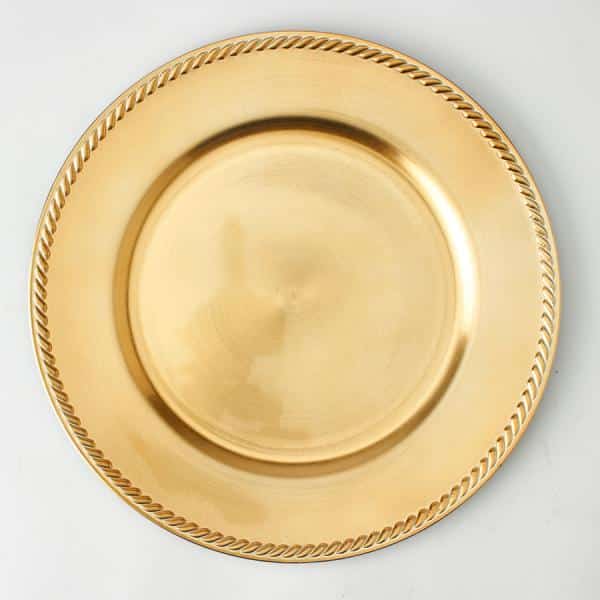 Decostar™ 13″ Plastic Charger Plate – A – 24 Pack – Gold | Rental Decostar™ 13″ Plastic Charger Plate – A – 24 Pack – Gold | Rental