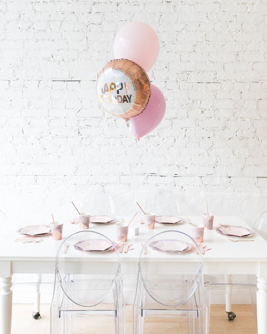 Modern Mauve – Happy Birthday Foil and 11in Balloons Centerpiece – bouquet of 3 | Rental