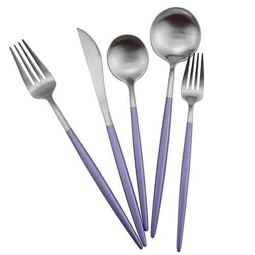 Gugrida Luxury Flatware, Royal 5 Piece Matte Purple Handle 18/10 Stainless Steel Tableware Sets for 1 Including Forks Spoons Knives, Camping Silverware Travel Utensils Set Cutlery | Rental