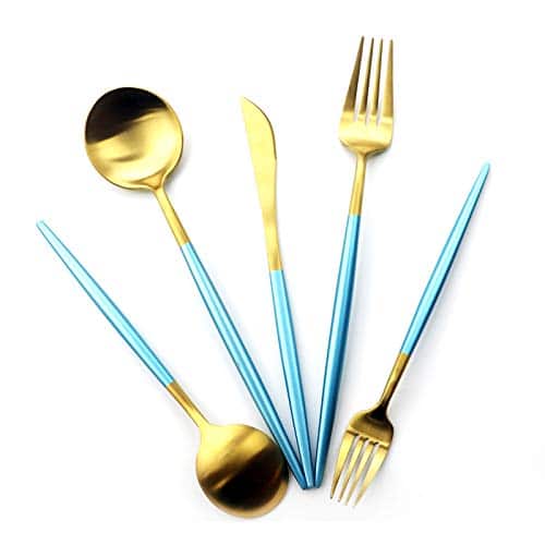 Gugrida 5 Pieces Matte Gold Blue Handle 18/10 Stainless Steel Silverware Set, Flatware Set Titanium Black Cutlery Set, Utensils Set for Home Restaurant Service Set for 1, Dishwashe | Rental