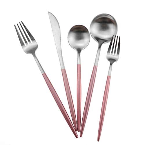 Gugrida Luxury Flatware, Royal 5 Piece Matte Pink Handle 18/10 Stainless Steel Tableware Sets for 1 Including Forks Spoons Knives, Camping Silverware Travel Utensils Set Cutlery (P | Rental