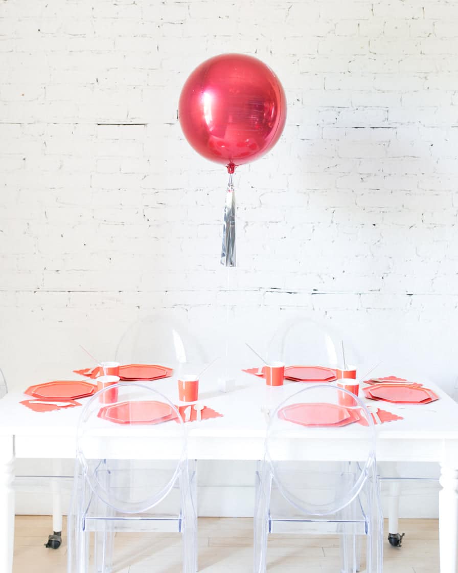 16in Red Orb Foil Balloon and Silver Skirt Centerpiece | Rental 16in Red Orb Foil Balloon and Silver Skirt Centerpiece | Rental