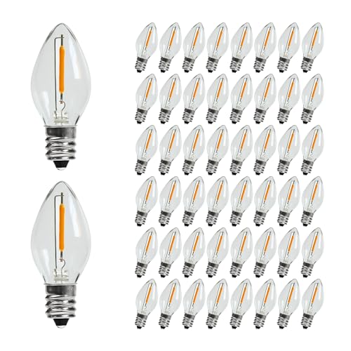 KGC 50Pack C7 LED Christmas Light Bulb, E12 Base Waterproof LED Bulbs for String Light, 0.6W 2200K Warm White 50LM, Clear Plastic Night Lights C7 LED Replacement Bulbs for Christma | Rental