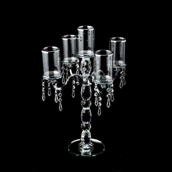 Decostar™ Crystal Candelabra 5 arm with Glass Cylinders 19½” – Silver | Rental Decostar™ Crystal Candelabra 5 arm with Glass Cylinders 19½” – Silver | Rental