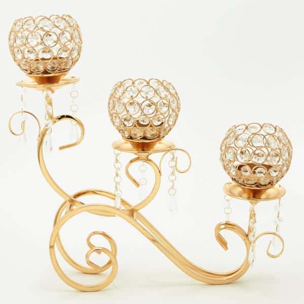 Decostar™ Gold and Crystal Bead Tabletop Low Candelabra – 16″ x 4″ x 15¼” | Rental Decostar™ Gold and Crystal Bead Tabletop Low Candelabra – 16″ x 4″ x 15¼” | Rental