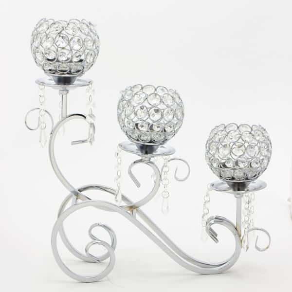 Decostar™ Silver and Crystal Bead Tabletop Low Candelabra – 16″ x 4″ x 15¼” | Rental