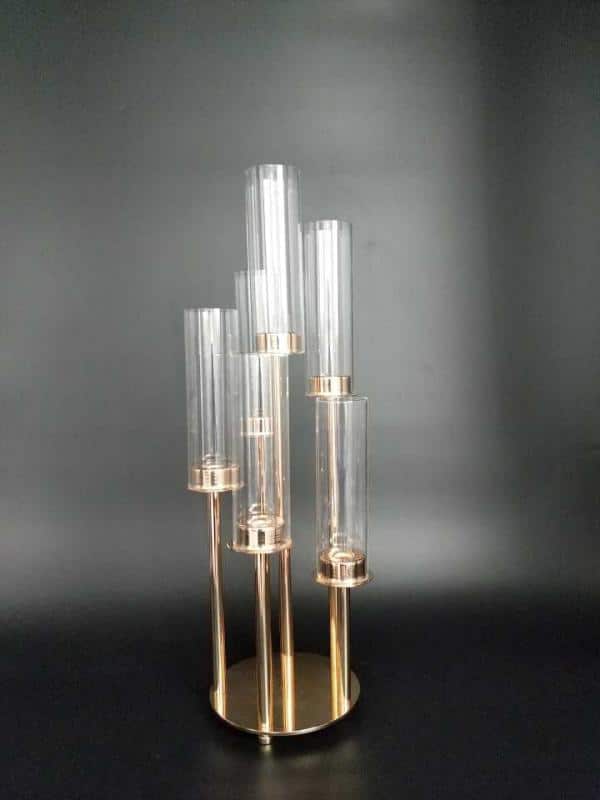 Round Metal Cluster Candle Holder, Six Arm 24″- Gold | Rental