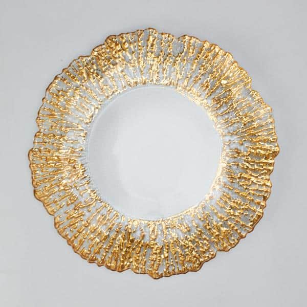 Decostar™ Glass Reef Charger Plate 13″ – 8 Pack – Clear w/ Gold Rim | Rental Decostar™ Glass Reef Charger Plate 13″ – 8 Pack – Clear w/ Gold Rim | Rental