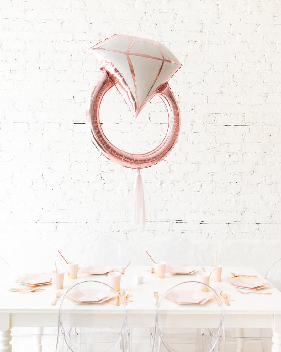Rose Gold Diamond Ring Foil Balloon with Mauve Skirt Centerpiece | Rental Rose Gold Diamond Ring Foil Balloon with Mauve Skirt Centerpiece | Rental