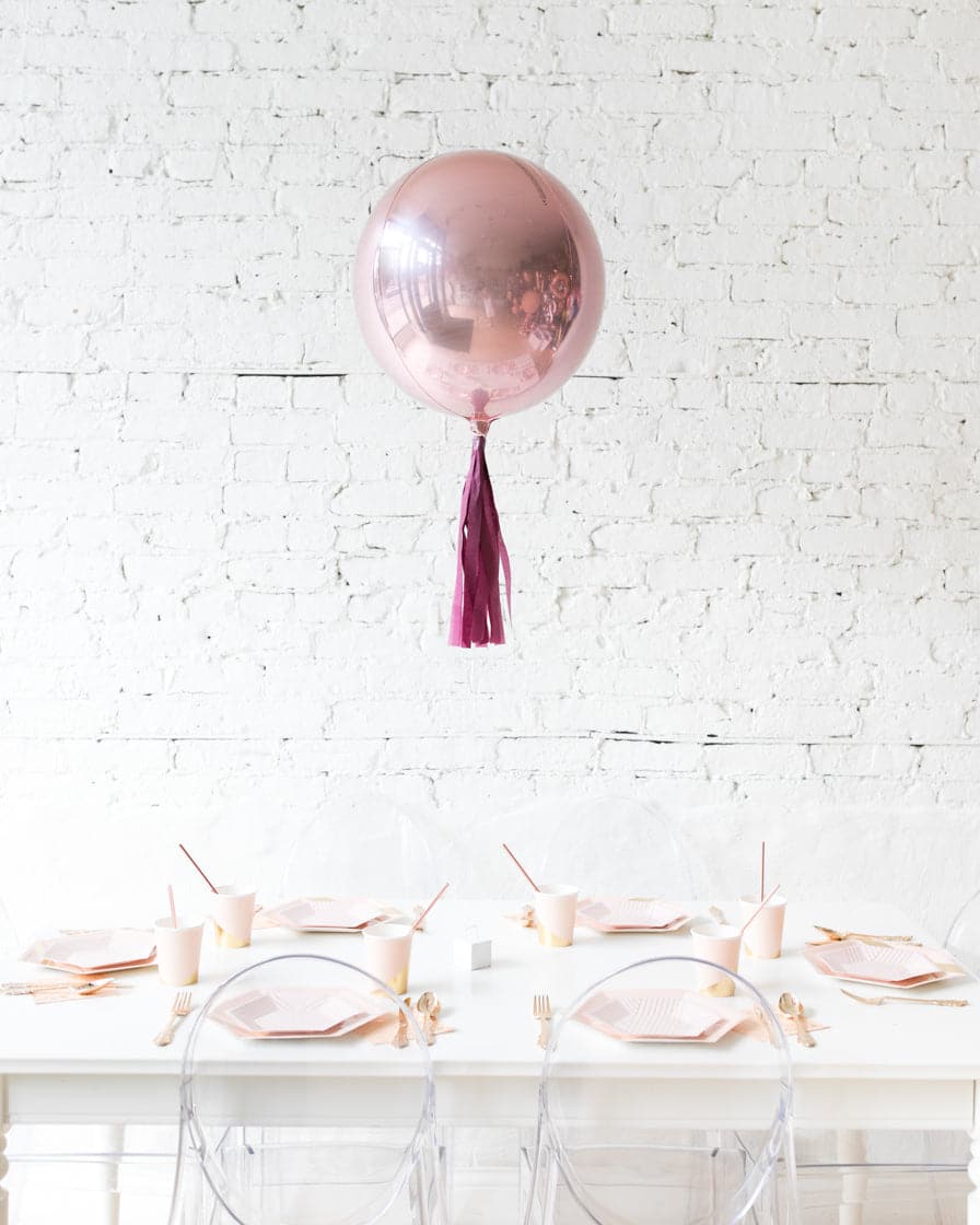 16in Rose Gold Orb Foil Balloon with Burgundy Skirt Centerpiece | Rental 16in Rose Gold Orb Foil Balloon with Burgundy Skirt Centerpiece | Rental