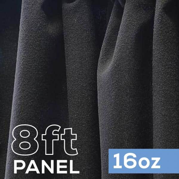 16oz. Fire Retardant Duvetyne/Commando Cloth – Sewn Drape Panel w/ 4″ Rod Pockets – 8ft in Black | Rental