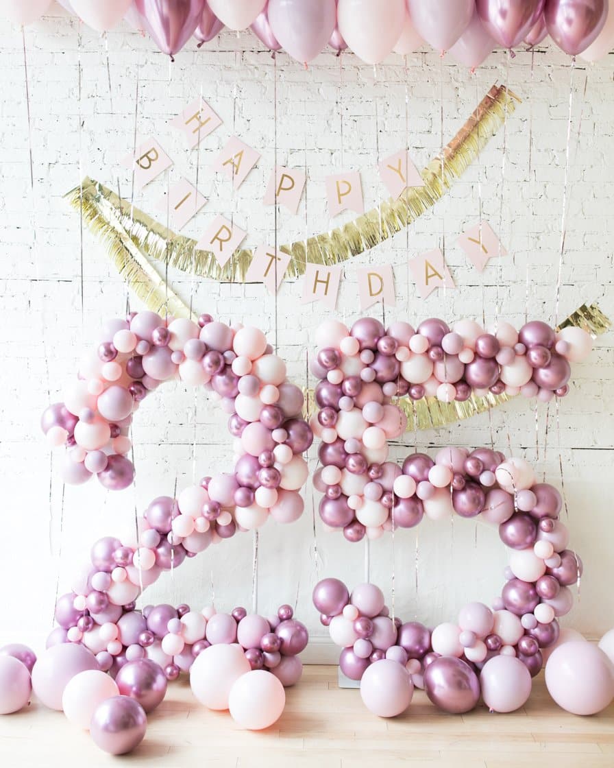Modern Mauve – Custom Freestanding Numbers & Ceiling Balloon Set | Rental