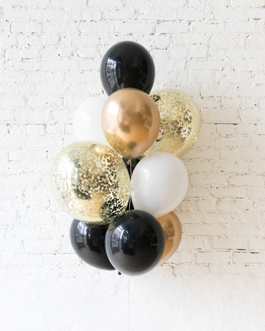 GIFT-Black, White and Gold Palette Confetti and 11in Balloons – bouquet of 10 | Rental