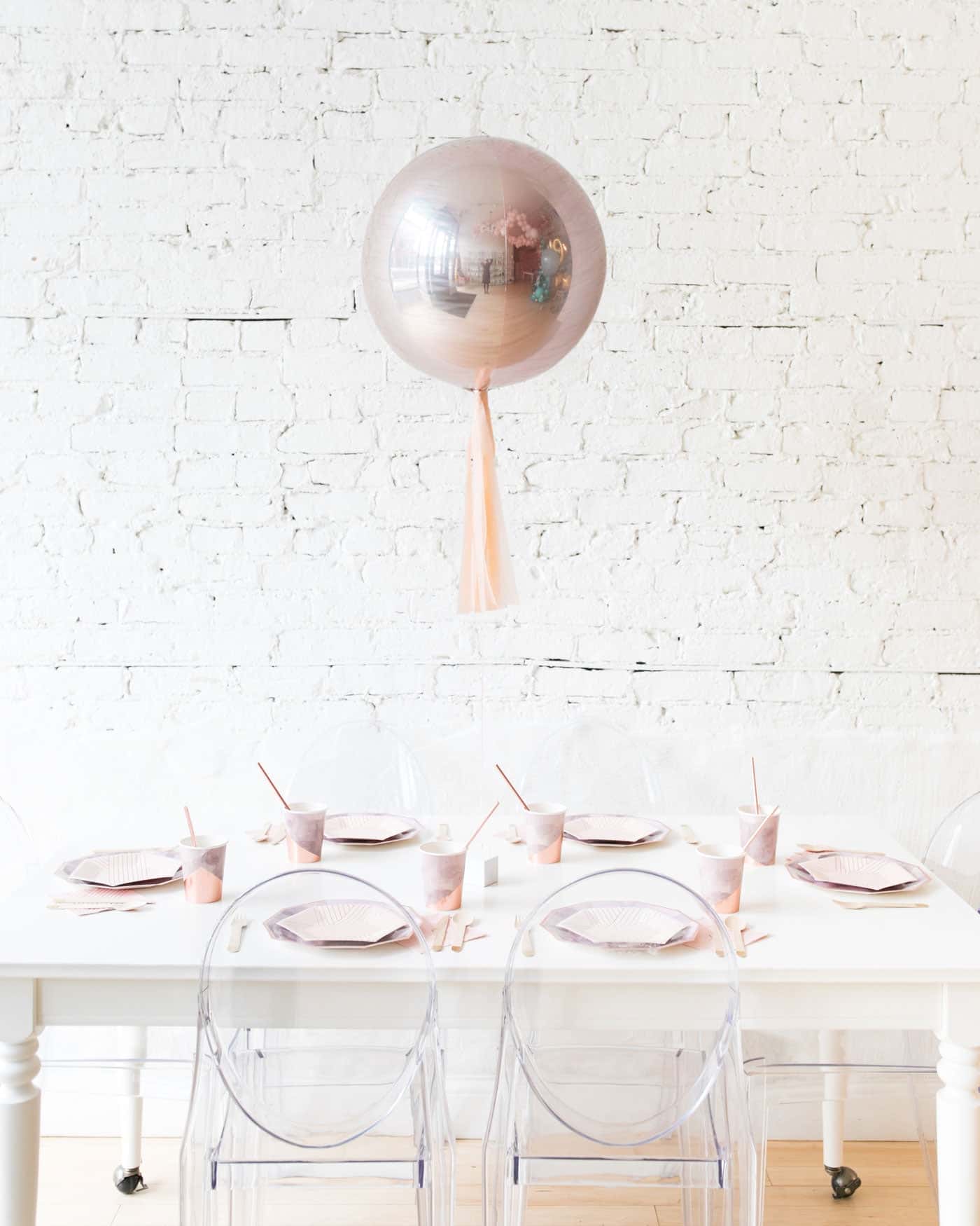 16in Rose Gold Orb Foil Balloon and Blush Skirt Centerpiece | Rental 16in Rose Gold Orb Foil Balloon and Blush Skirt Centerpiece | Rental