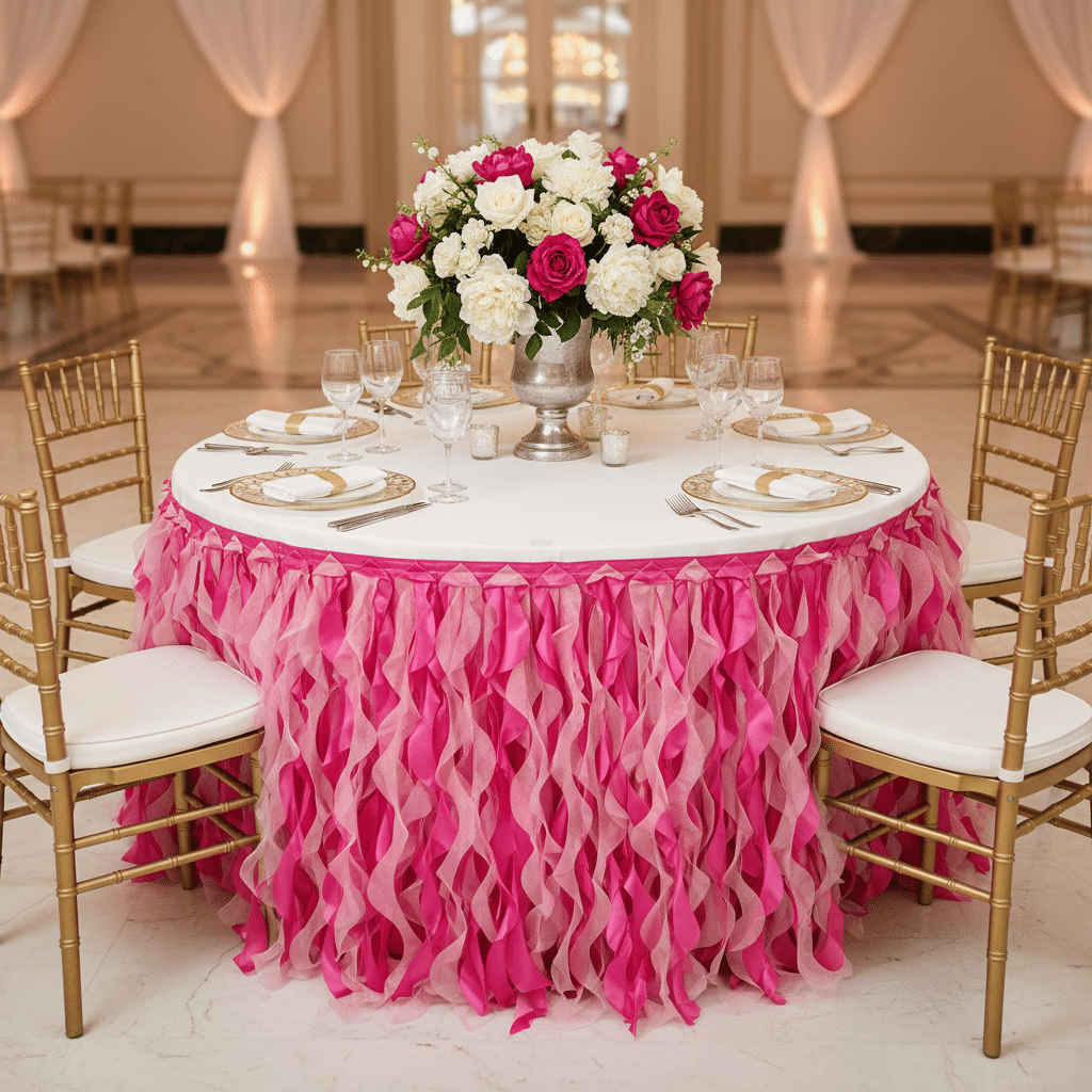 Curly Willow 17ft Table Skirt – Fuchsia | Rental Curly Willow 17ft Table Skirt – Fuchsia | Rental