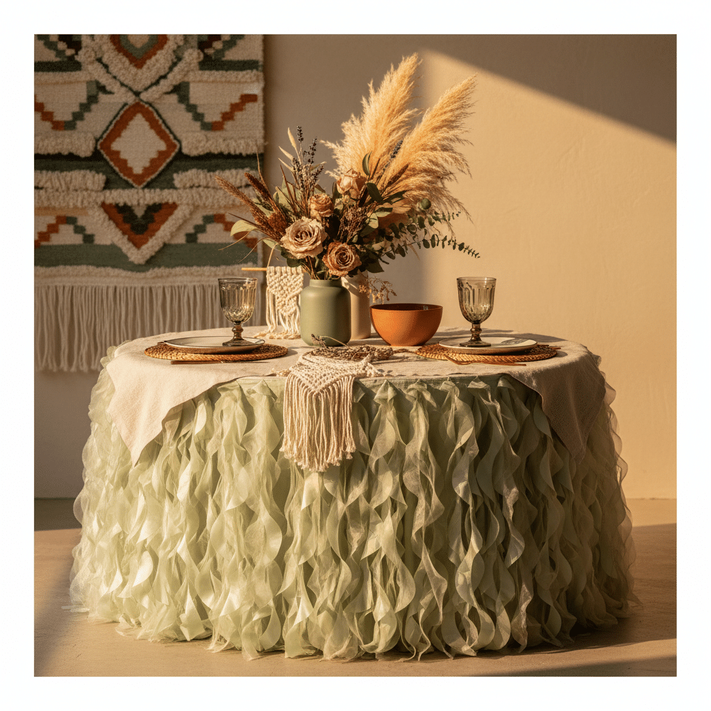 Curly Willow 17ft Table Skirt – Sage Green | Rental Curly Willow 17ft Table Skirt – Sage Green | Rental