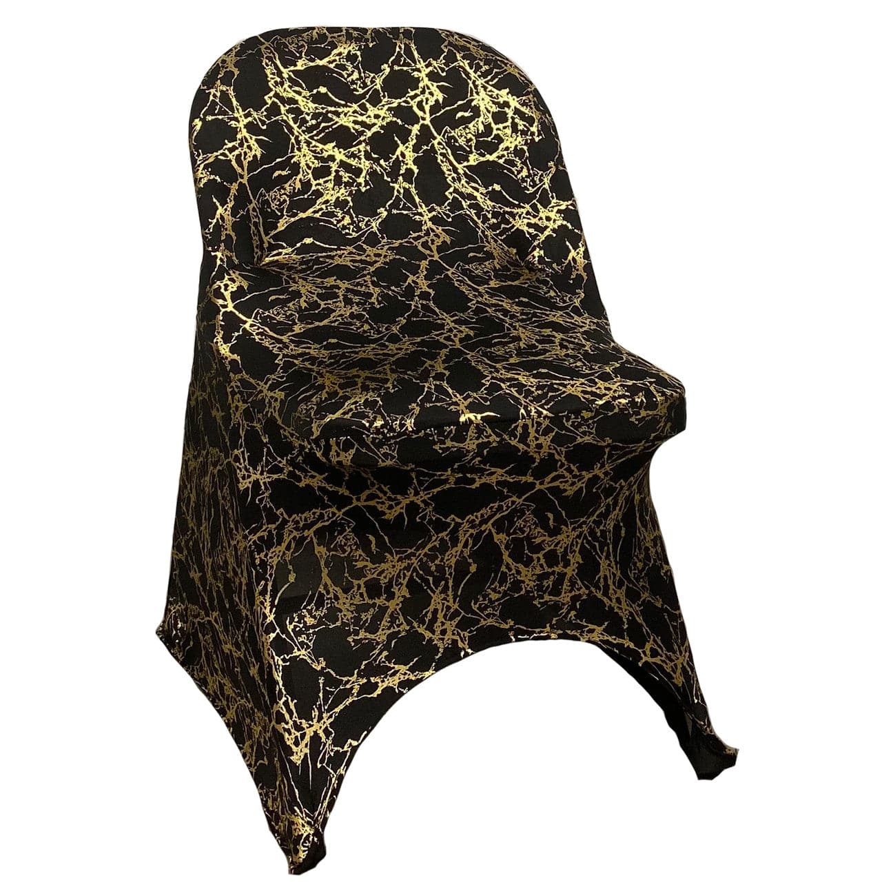 Print Spandex Folding Chair Cover in Black with Gold Marbling | Rental Print Spandex Folding Chair Cover in Black with Gold Marbling | Rental