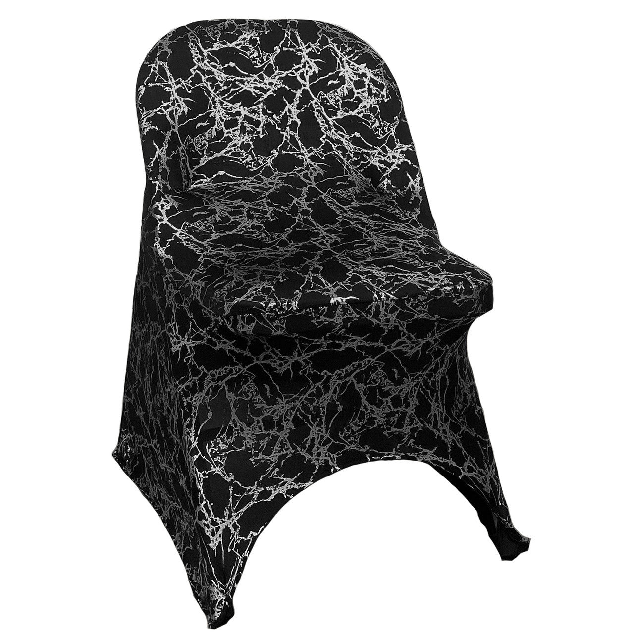Print Spandex Folding Chair Cover in Black with Silver Marbling | Rental Print Spandex Folding Chair Cover in Black with Silver Marbling | Rental