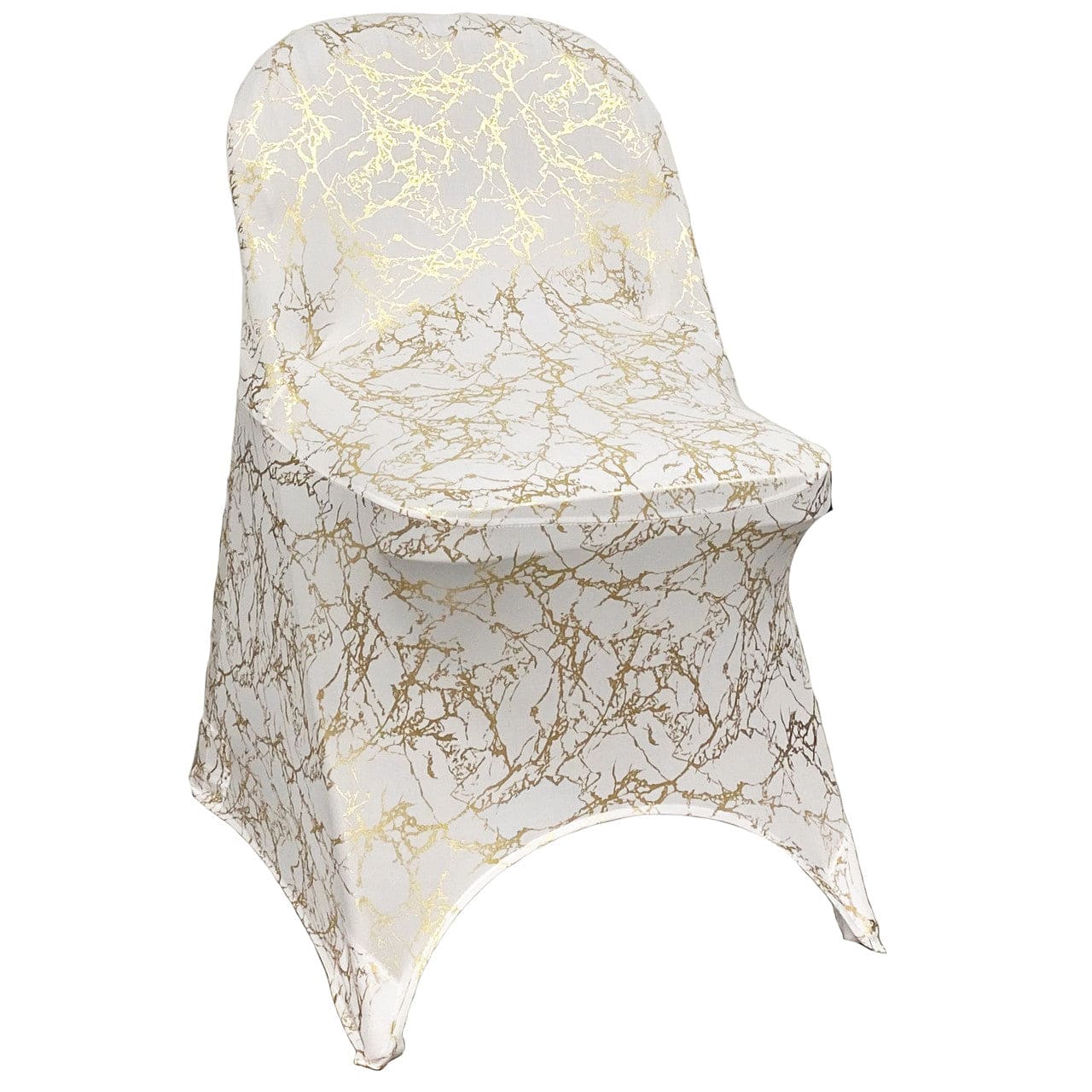 Print Spandex Folding Chair Cover in White with Gold Marbling | Rental Print Spandex Folding Chair Cover in White with Gold Marbling | Rental