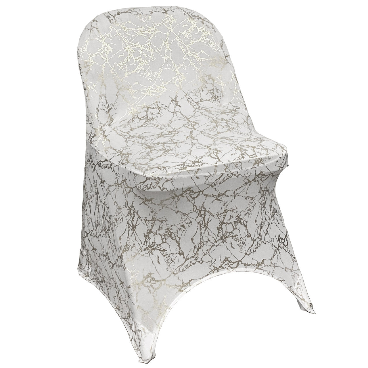 Print Spandex Folding Chair Cover in White with Silver Marbling | Rental Print Spandex Folding Chair Cover in White with Silver Marbling | Rental