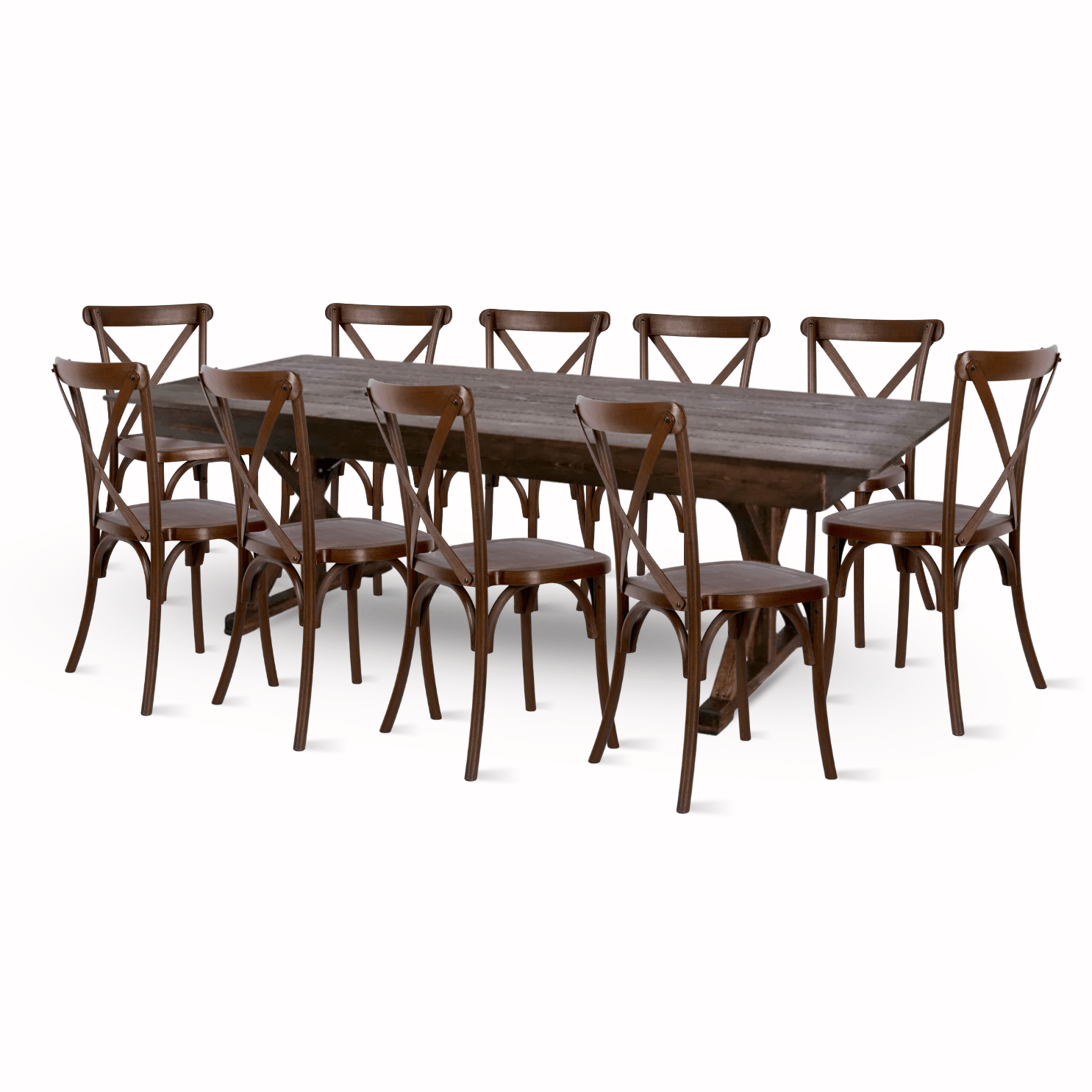 fruitwood x leg farm table dining set with 10 chairs