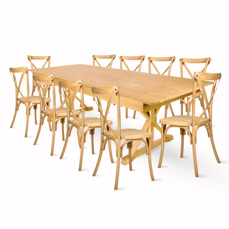 Natural X-Leg Farm Table Dining Set with 10 Chairs | Rental