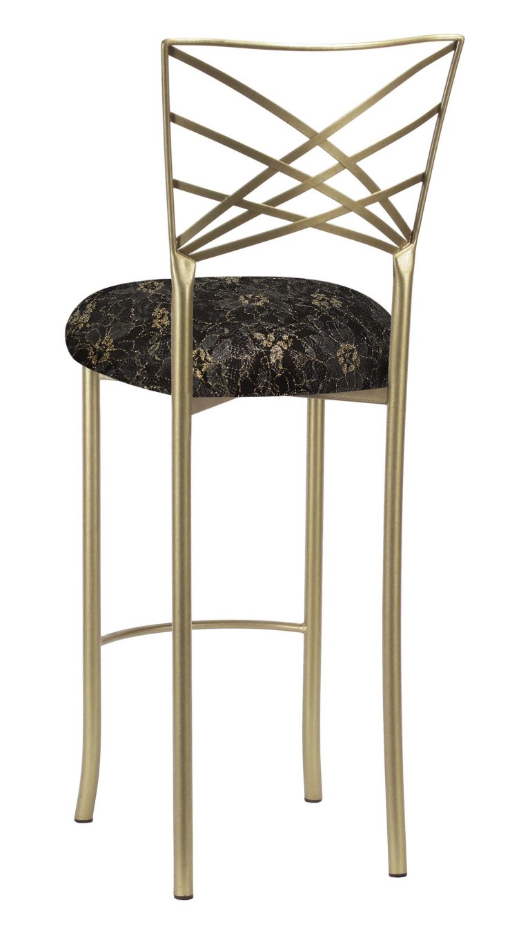 Gold Fanfare Barstool with Black Lace with Gold and Silver Accents over Black Stretch Knit Cushion – Chameleon Chair Collection | Rental Gold Fanfare Barstool with Black Lace with Gold and Silver Accents over Black Stretch Knit Cushion – Chameleon Chair Collection | Rental