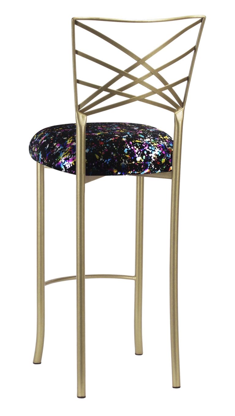 Gold Fanfare Barstool with Black Paint Splatter Stretch Knit Cushion – Chameleon Chair Collection | Rental Gold Fanfare Barstool with Black Paint Splatter Stretch Knit Cushion – Chameleon Chair Collection | Rental