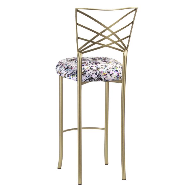 Gold Fanfare Barstool with White Paint Splatter Stretch Knit Cushion – Chameleon Chair Collection | Rental Gold Fanfare Barstool with White Paint Splatter Stretch Knit Cushion – Chameleon Chair Collection | Rental