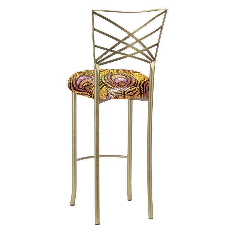Gold Fanfare Barstool with Yellow and Pink Peacock Stretch Knit Cushion – Chameleon Chair Collection | Rental Gold Fanfare Barstool with Yellow and Pink Peacock Stretch Knit Cushion – Chameleon Chair Collection | Rental