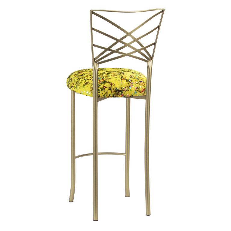 Gold Fanfare Barstool with Yellow Paint Splatter Stretch Knit Cushion – Chameleon Chair Collection | Rental Gold Fanfare Barstool with Yellow Paint Splatter Stretch Knit Cushion – Chameleon Chair Collection | Rental