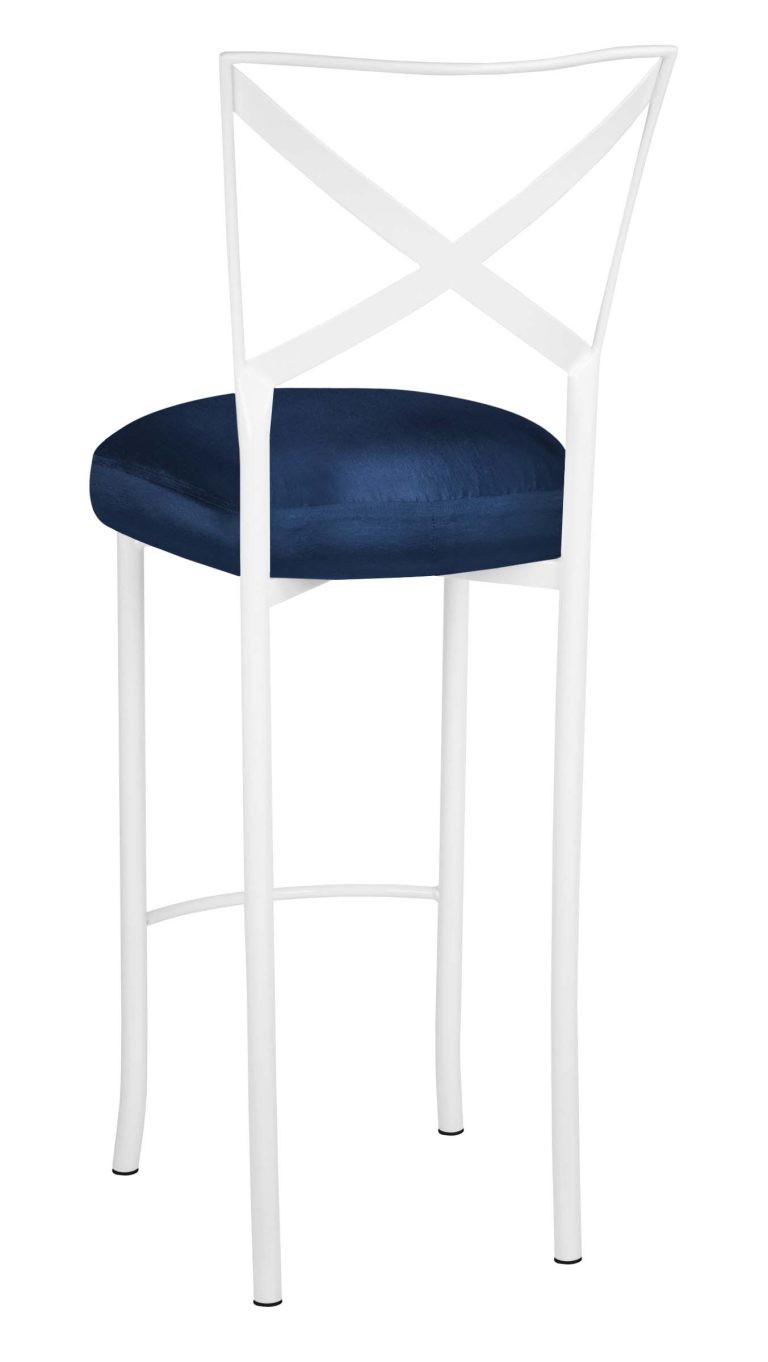 Simply X White Barstool with Midnight Blue Taffeta Boxed Cushion – Chameleon Chair Collection | Rental
